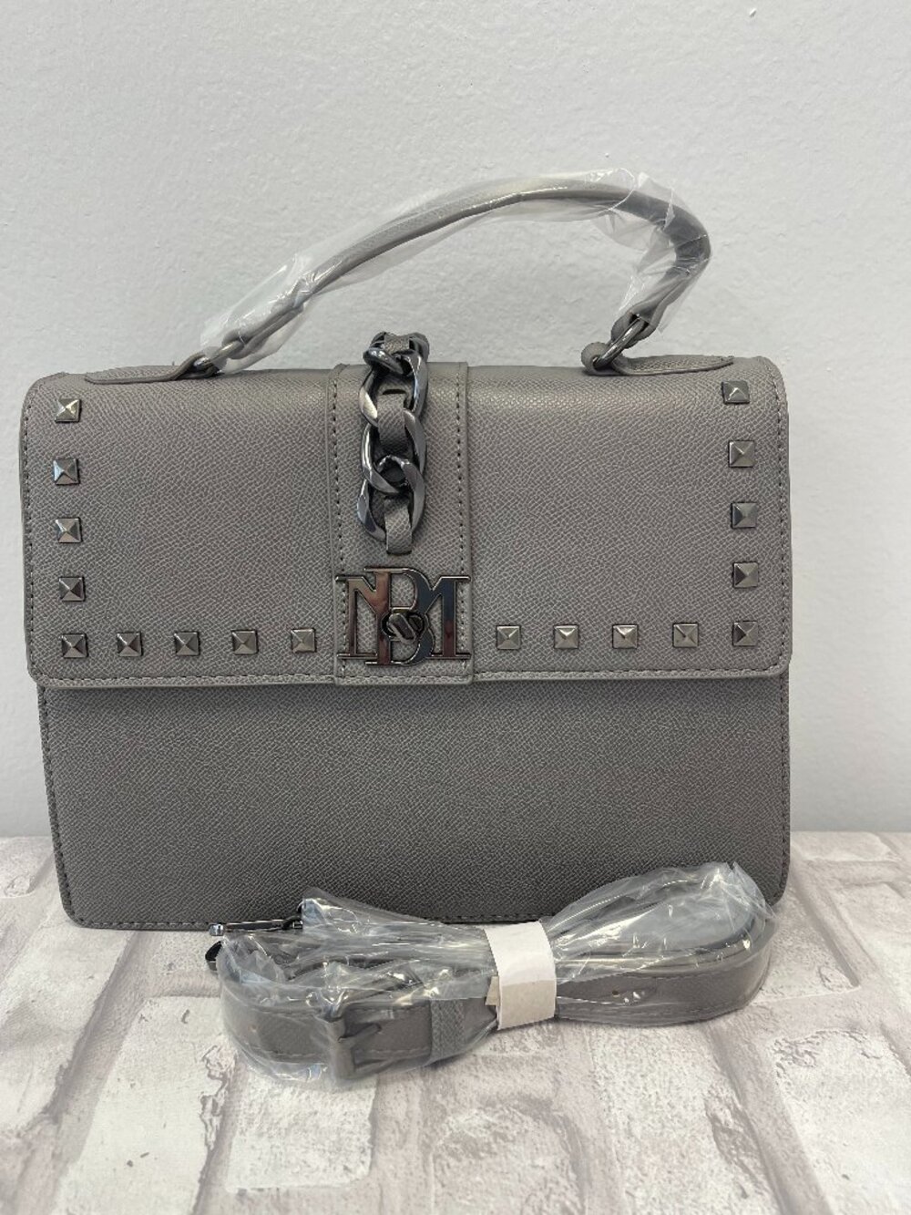 Badgley Mischka Vegan Leather Two-Way Bag in Grey w/ Tonal Studs - BM-4179 - NWT